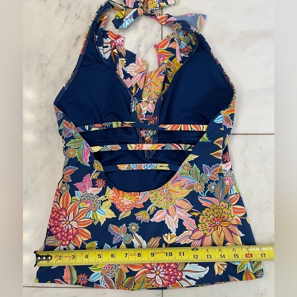 Bleu by Rod Beattie, womens 8, tankini top ruffles halter neck floral navy blue - Picture 5 of 7